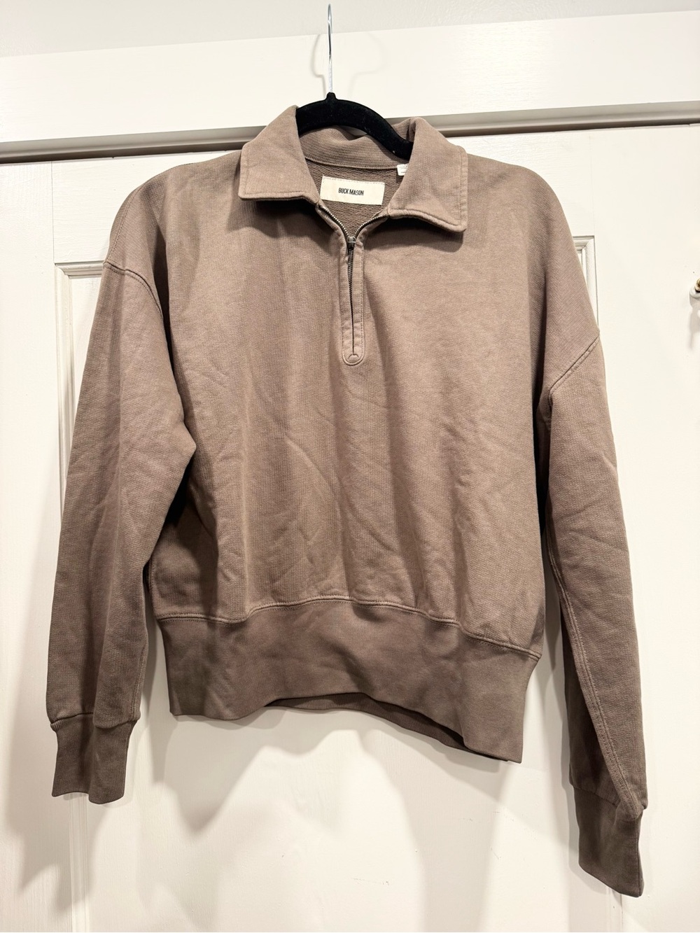 Buck Mason Women’s Cropped Quarter Zip Sweatshirt Small Brown Fall Autumn Cozy - Picture 2 of 10